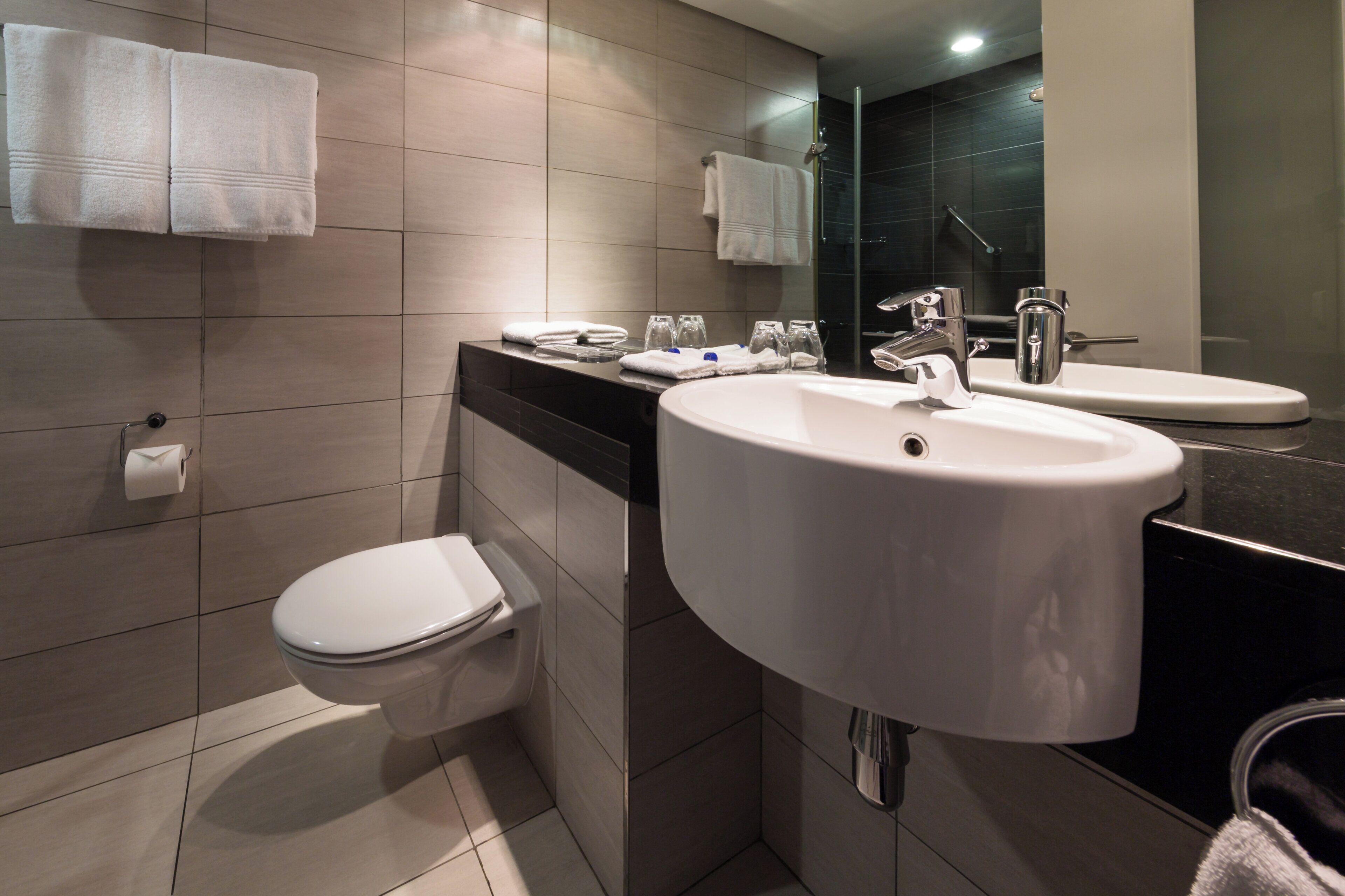 Ein modernes Badezimmer mit Toilette, zwei Waschbecken und einer Dusche.
