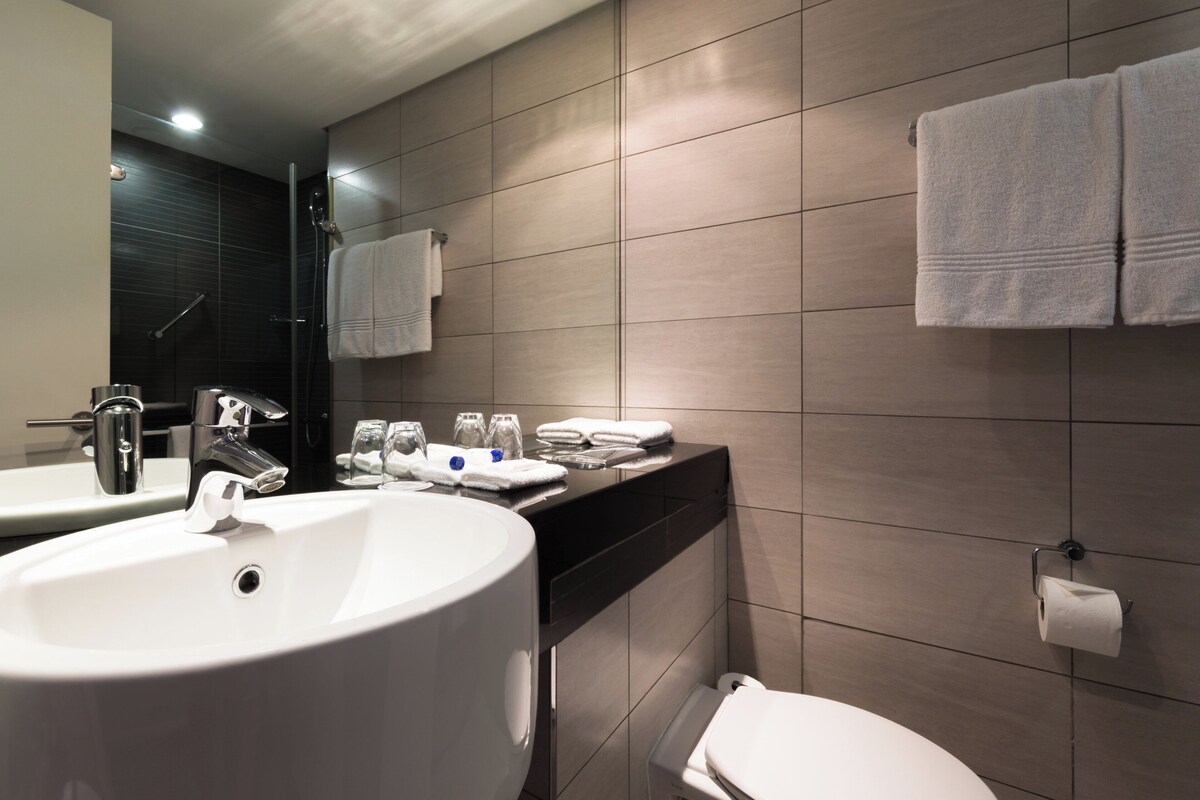 A modern bathroom with a large sink, a mirror, a toilet, and a towel rack.