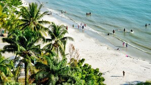 A beach with palm trees, clear blue water, and people swimming and walking along the shore.