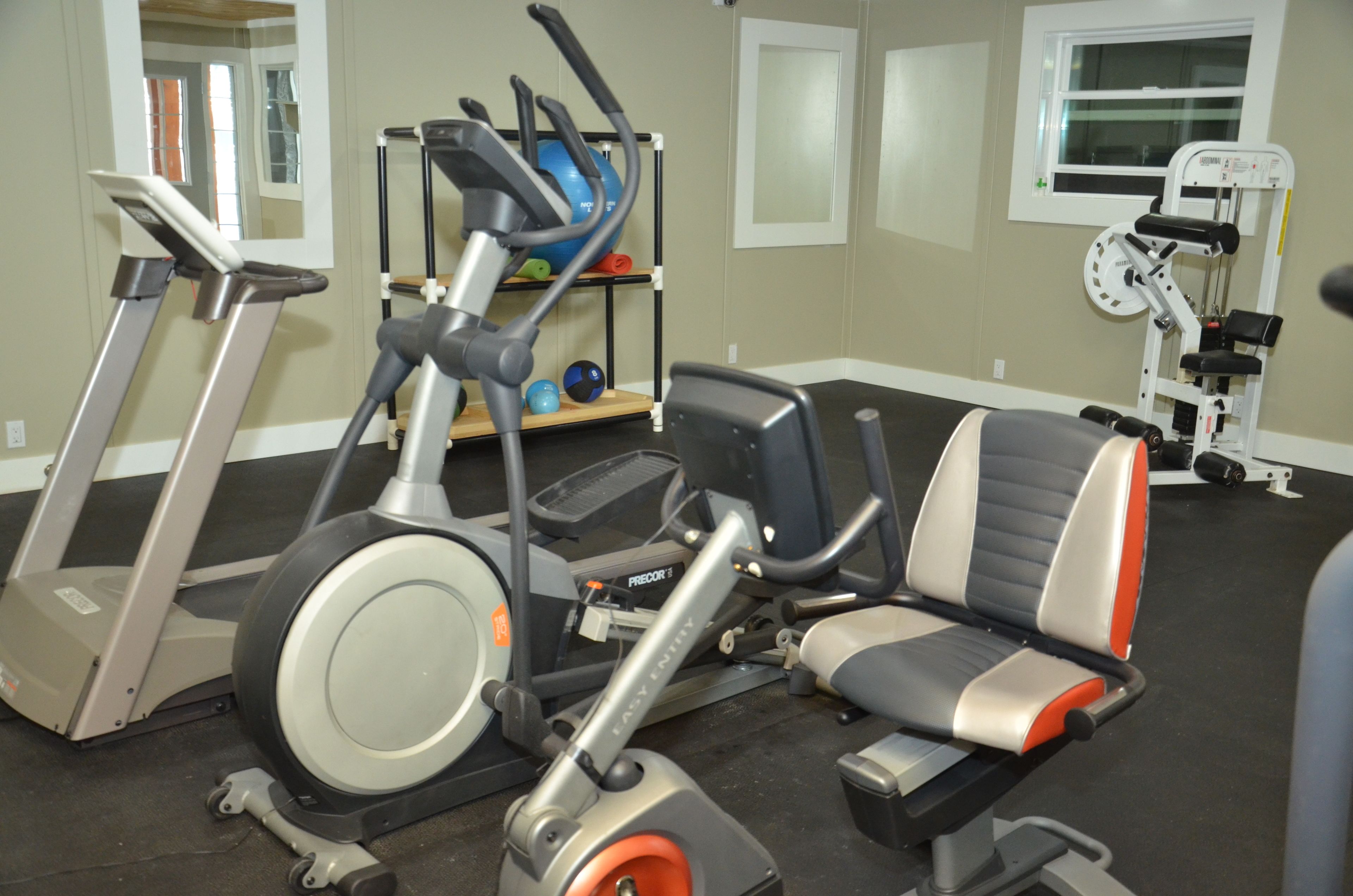 A gym with treadmills, an elliptical, and a weight machine.