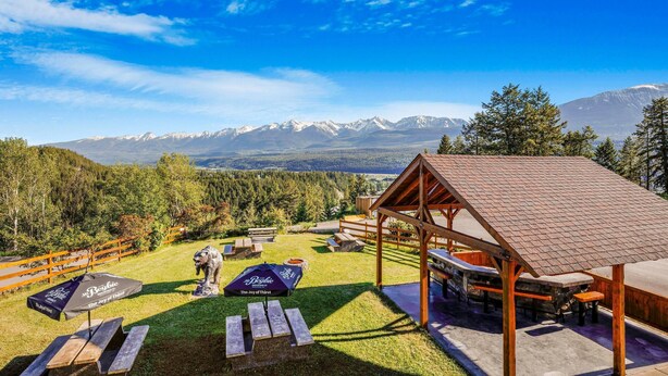 Un pavillon en bois équipé de tables de pique-nique et d’un barbecue, offrant une vue sur un paysage montagneux.