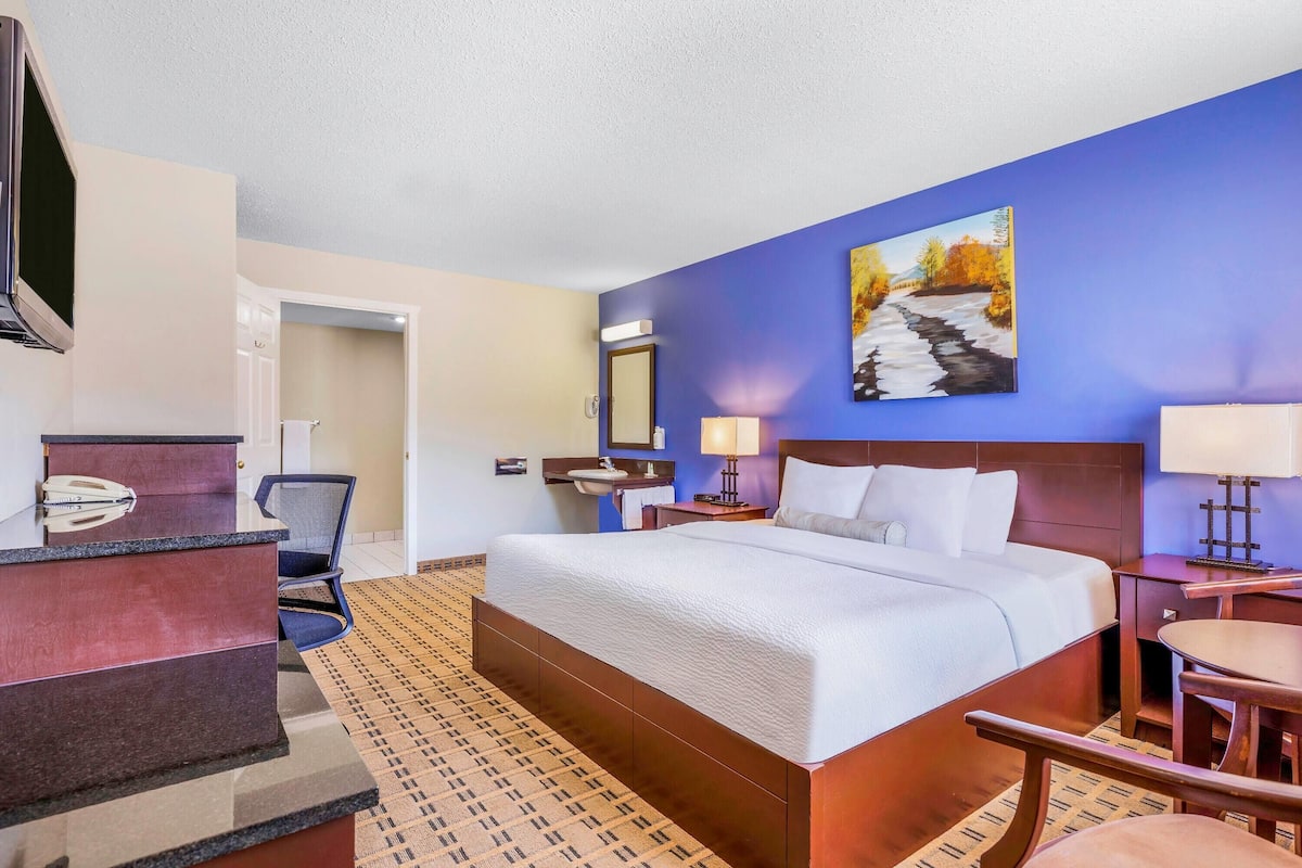 A hotel room with a large bed, a desk with a telephone, a chair, a desk lamp, a bedside table, and a painting on the wall.