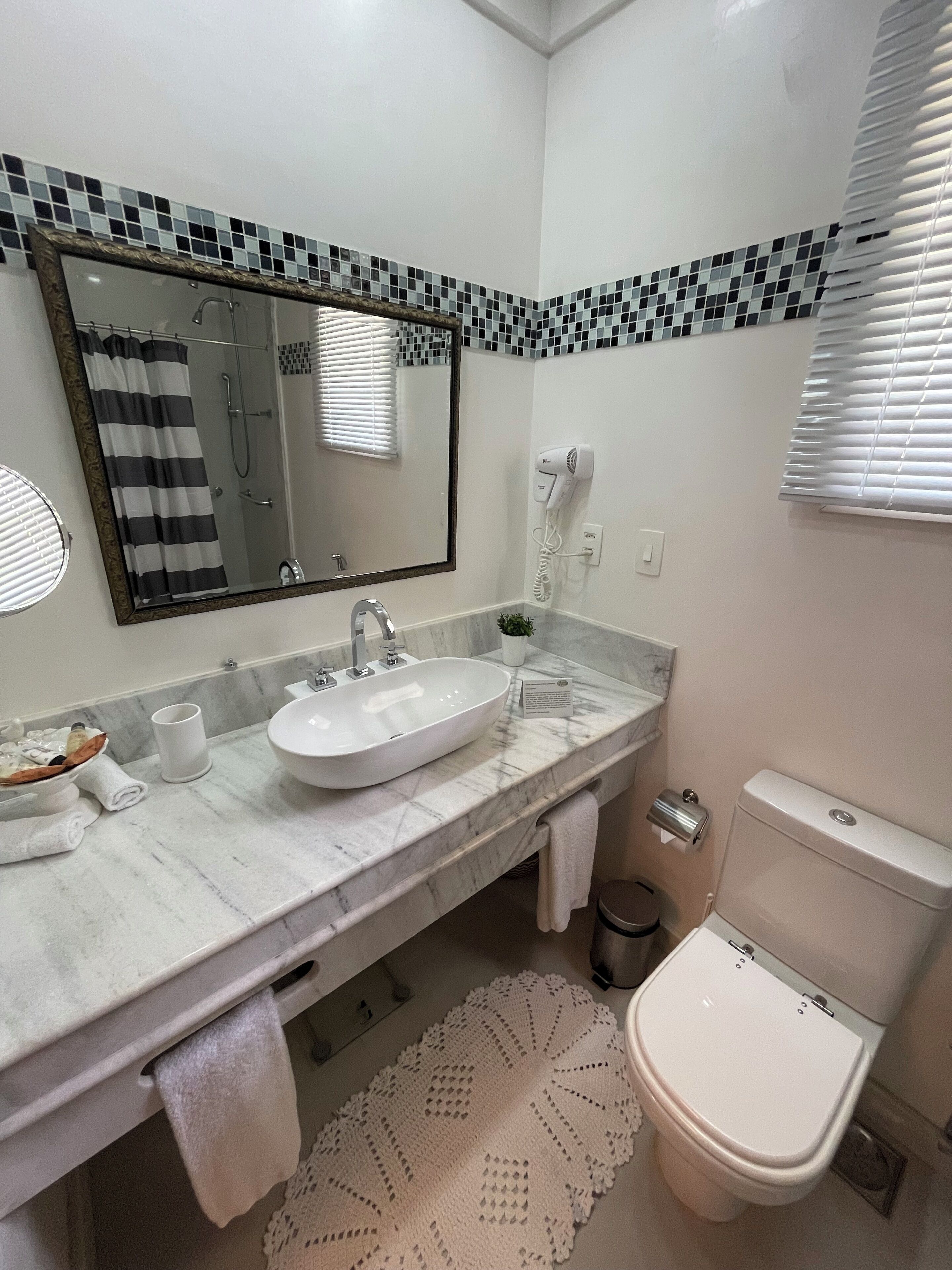 A bathroom with a white sink, mirror, and toilet. There is a towel rack, a trash can, and a small plant on the counter.
