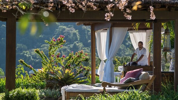 Una cama con dosel, rodeada de exuberante vegetación y vista a un bosque.