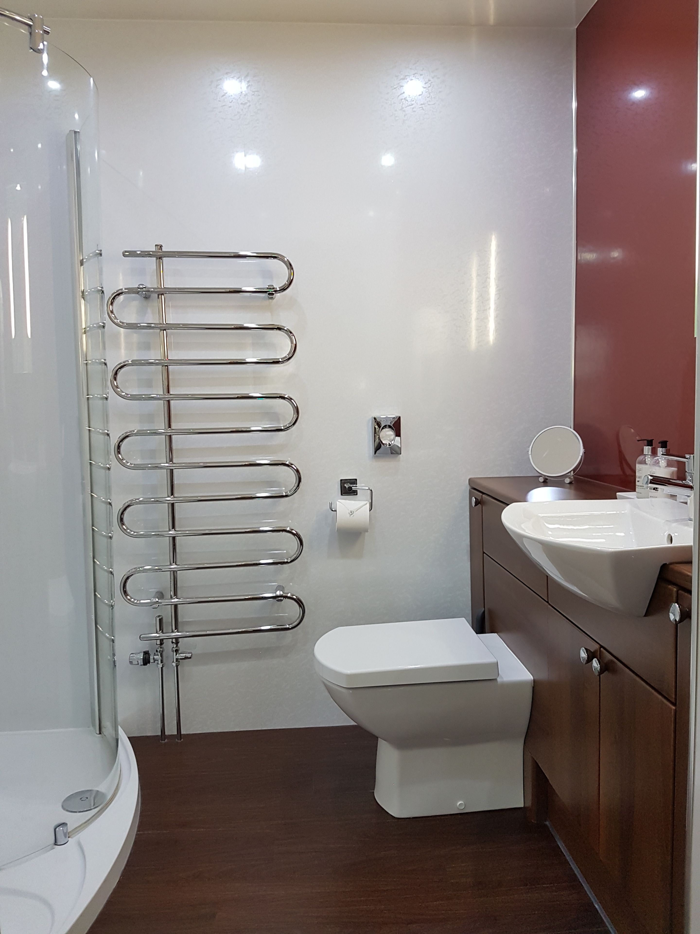 A modern bathroom with a glass shower enclosure, a toilet, a sink, and a mirror.