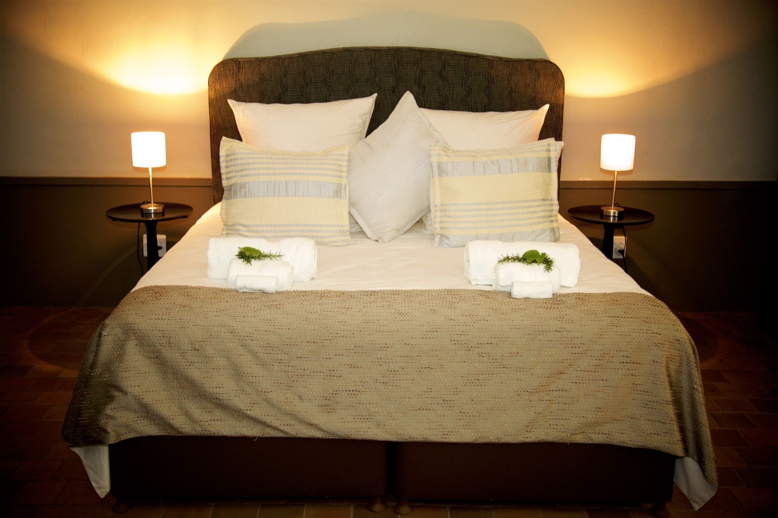 A neatly made bed with a brown headboard, white pillows, and two bedside lamps.