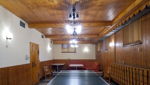 A ping pong table in a room with wooden walls and a stone floor. - Willa Orla (Zakopane)
