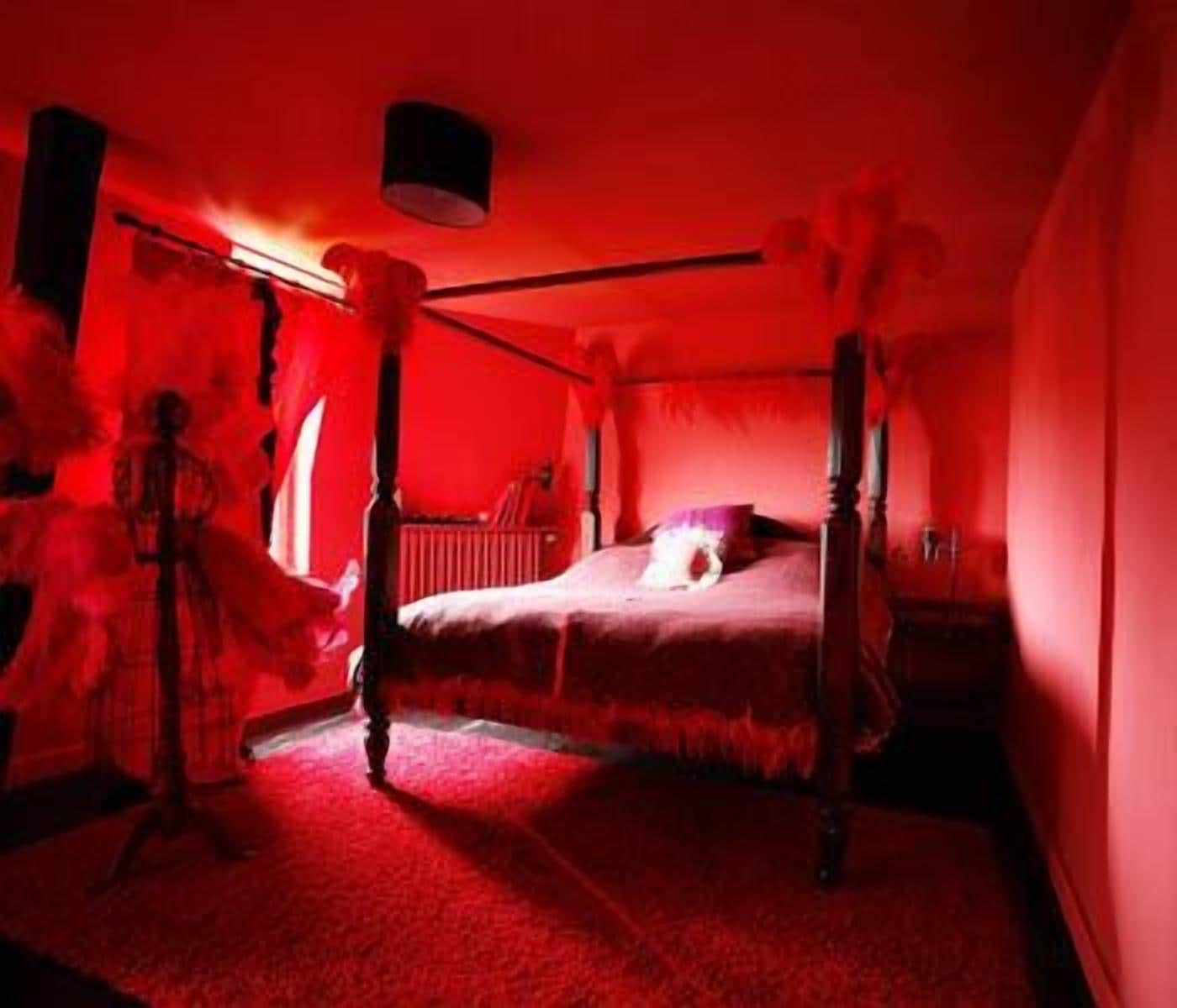 A room with a four-poster bed, a red carpet, and a red color scheme.