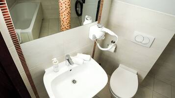 A bathroom with a sink, toilet, and a mirror.