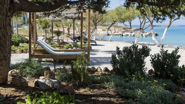 A beachside garden with a wooden pergola, a lounge chair, and a thatched-roof structure. - Kalypso Hotel (Paros)