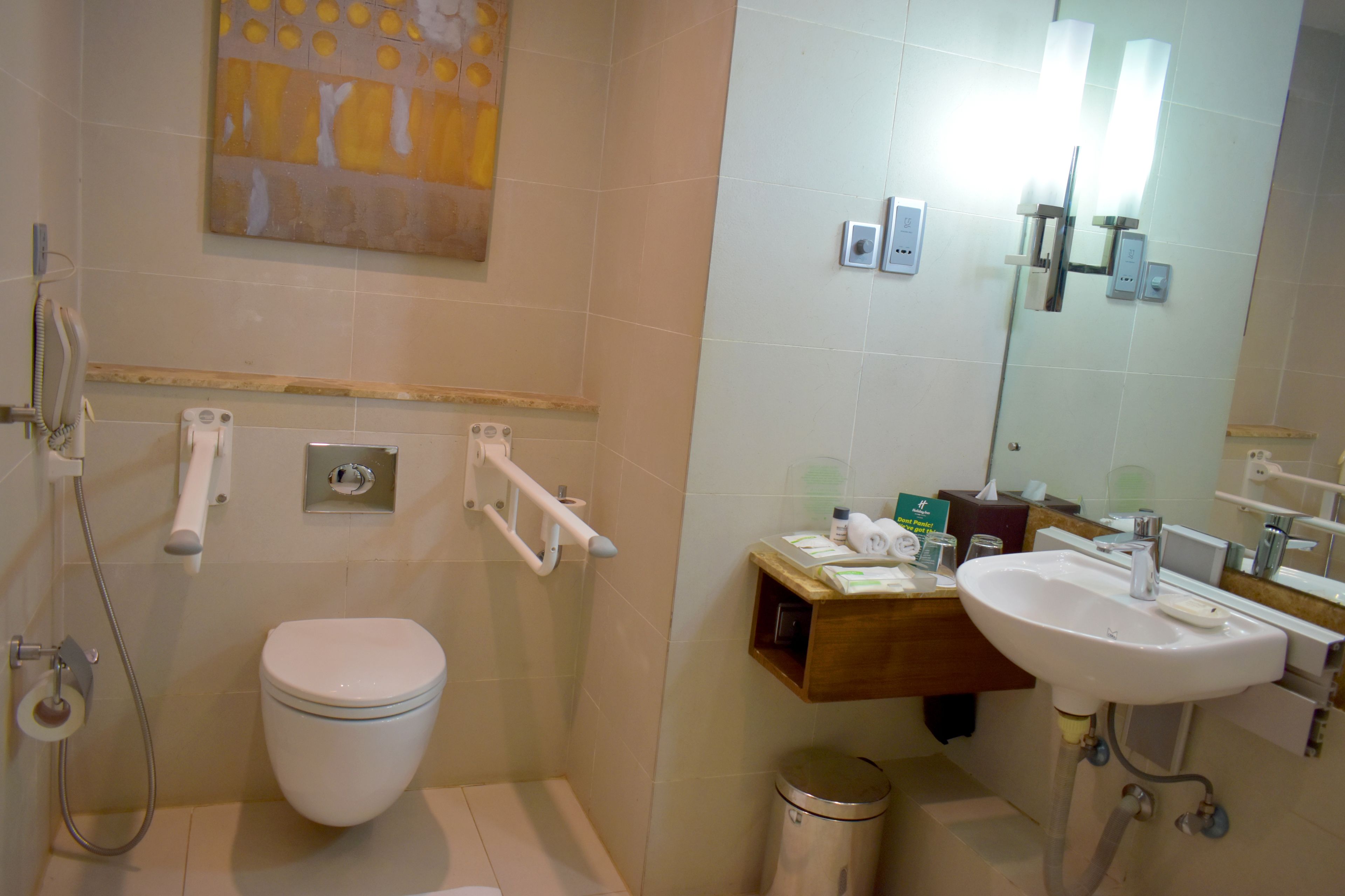 A bathroom with a toilet, a sink, a mirror, and a shower.