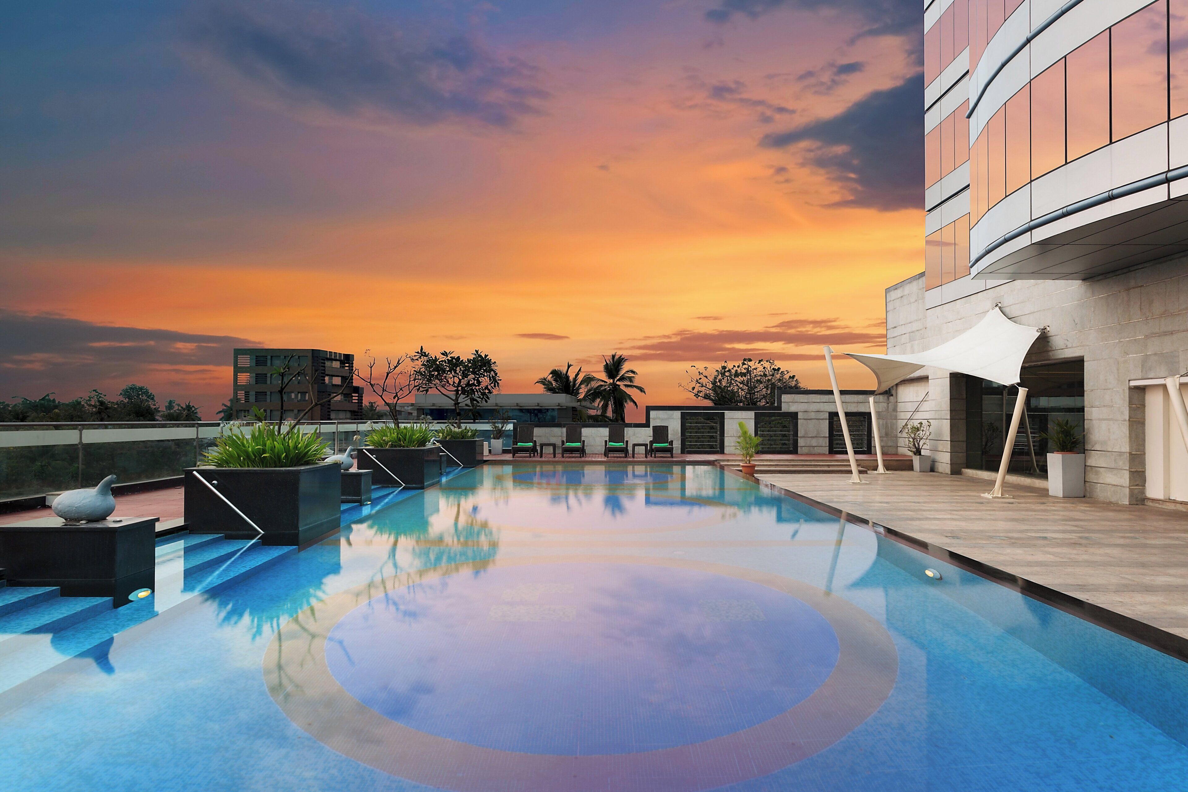 Una piscina sul tetto con vista al tramonto, circondata da edifici moderni e piante in vaso.