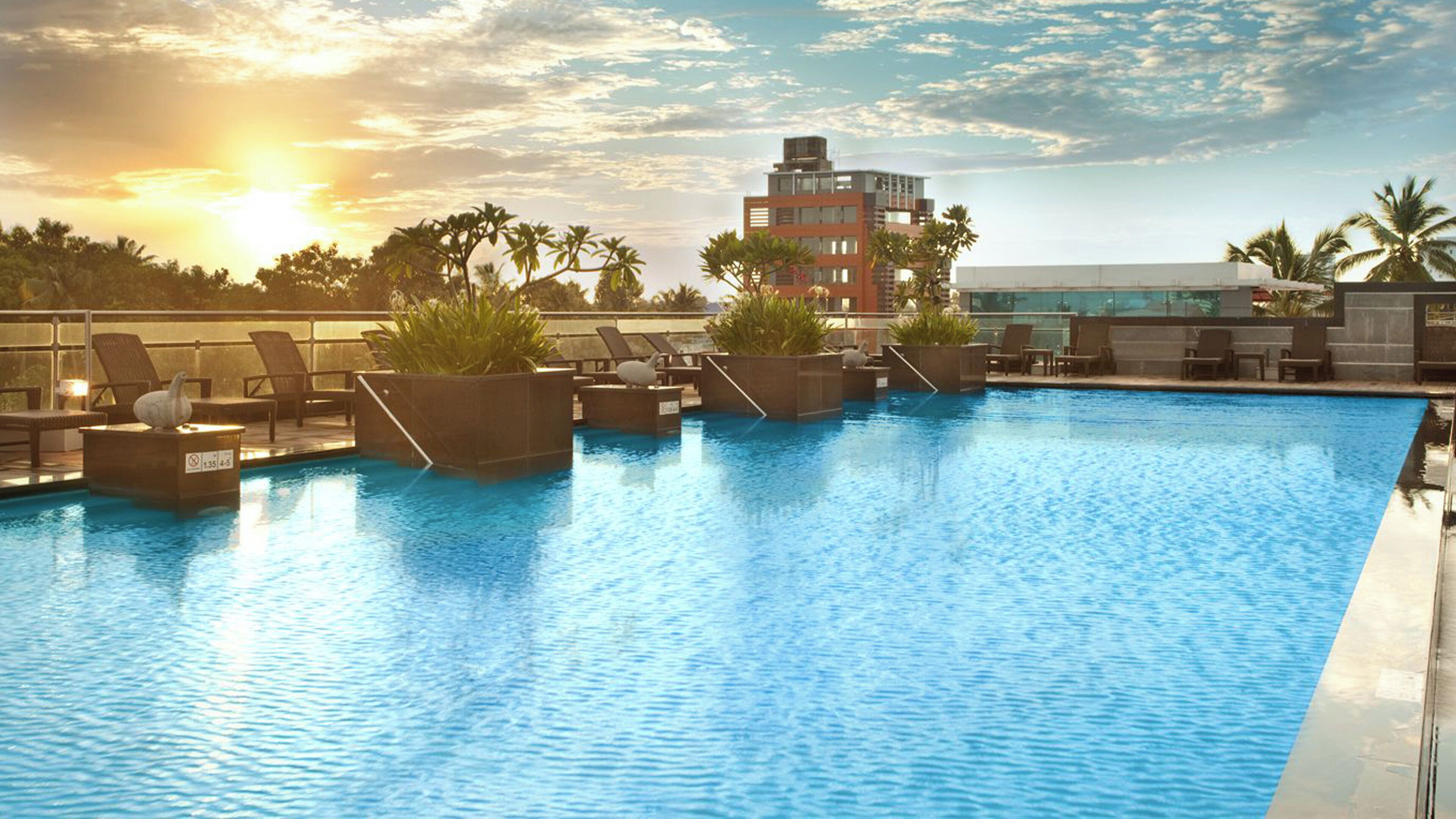Ein Swimmingpool mit Liegestühlen und Pflanzen, umgeben von Palmen und einem Gebäude im Hintergrund.