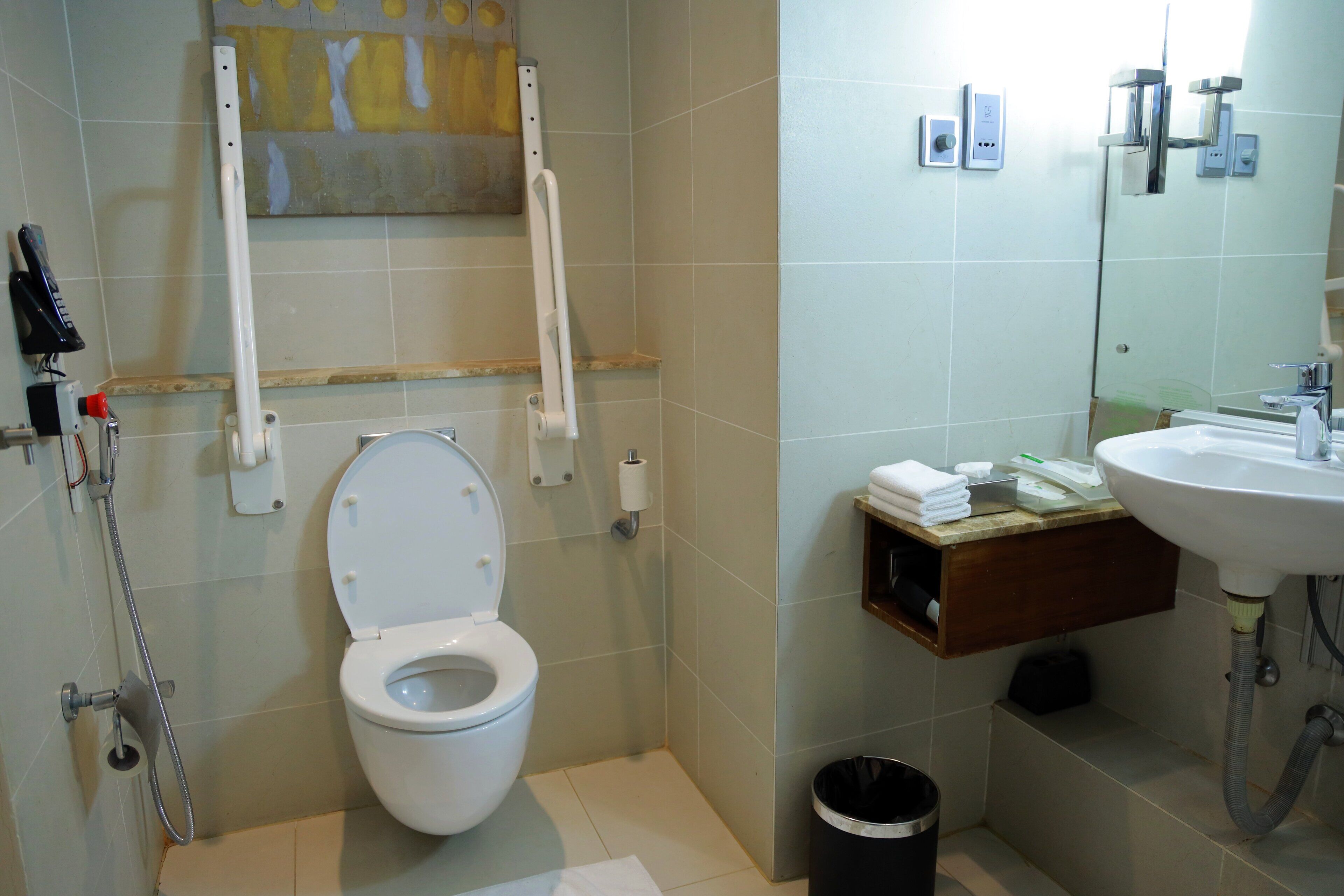 A bathroom with a toilet, handrails, a sink, and a trash bin.
