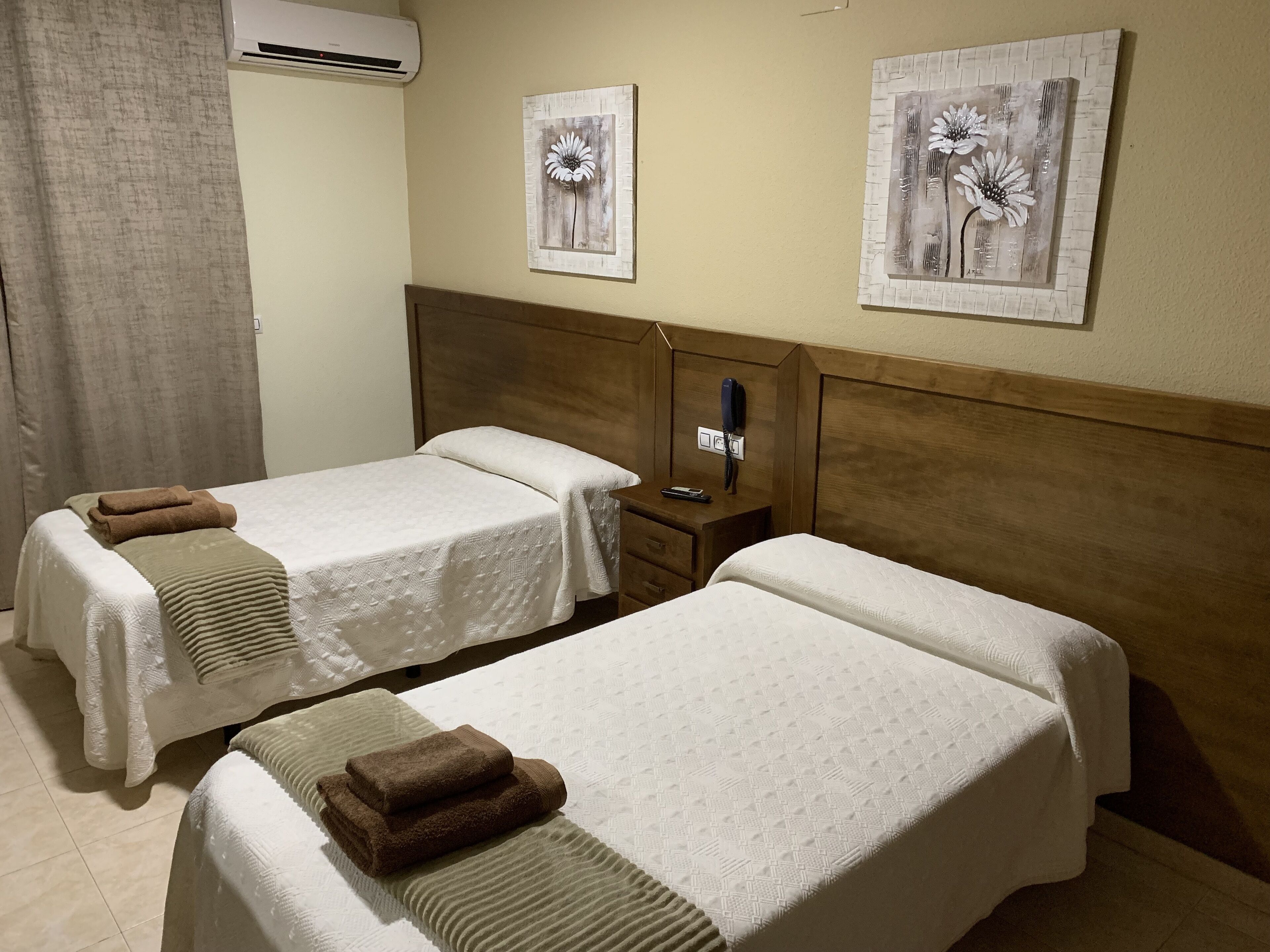 A hotel room with two beds, each with a white bedspread and a brown towel. There are two wall-mounted paintings of flowers, a wooden headboard, a bedside table with a phone, and an air conditioning unit on the wall.