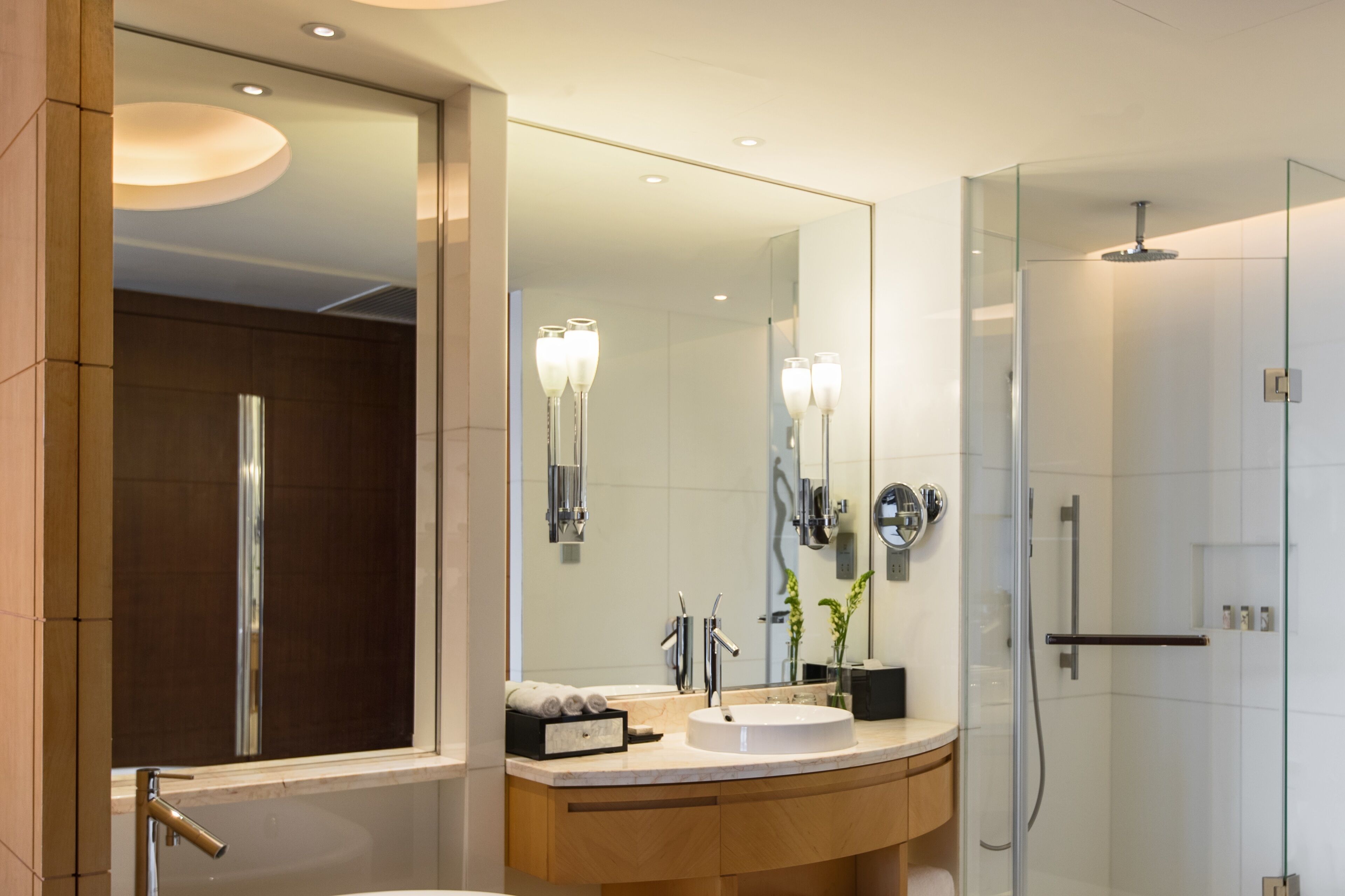 separate bathtub and shower, free toiletries, hair dryer, bathrobes