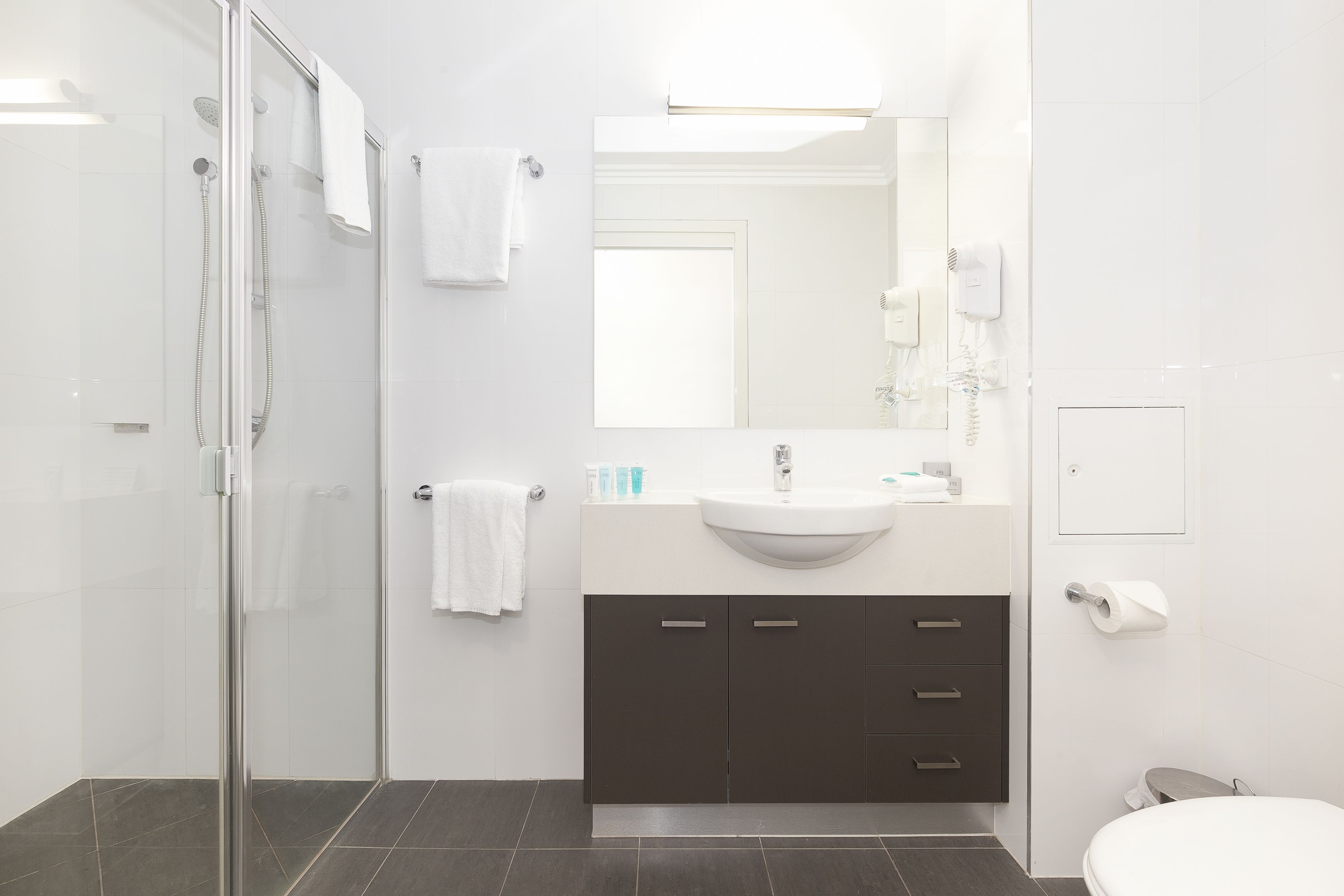 free toiletries, hair dryer, towels, soap