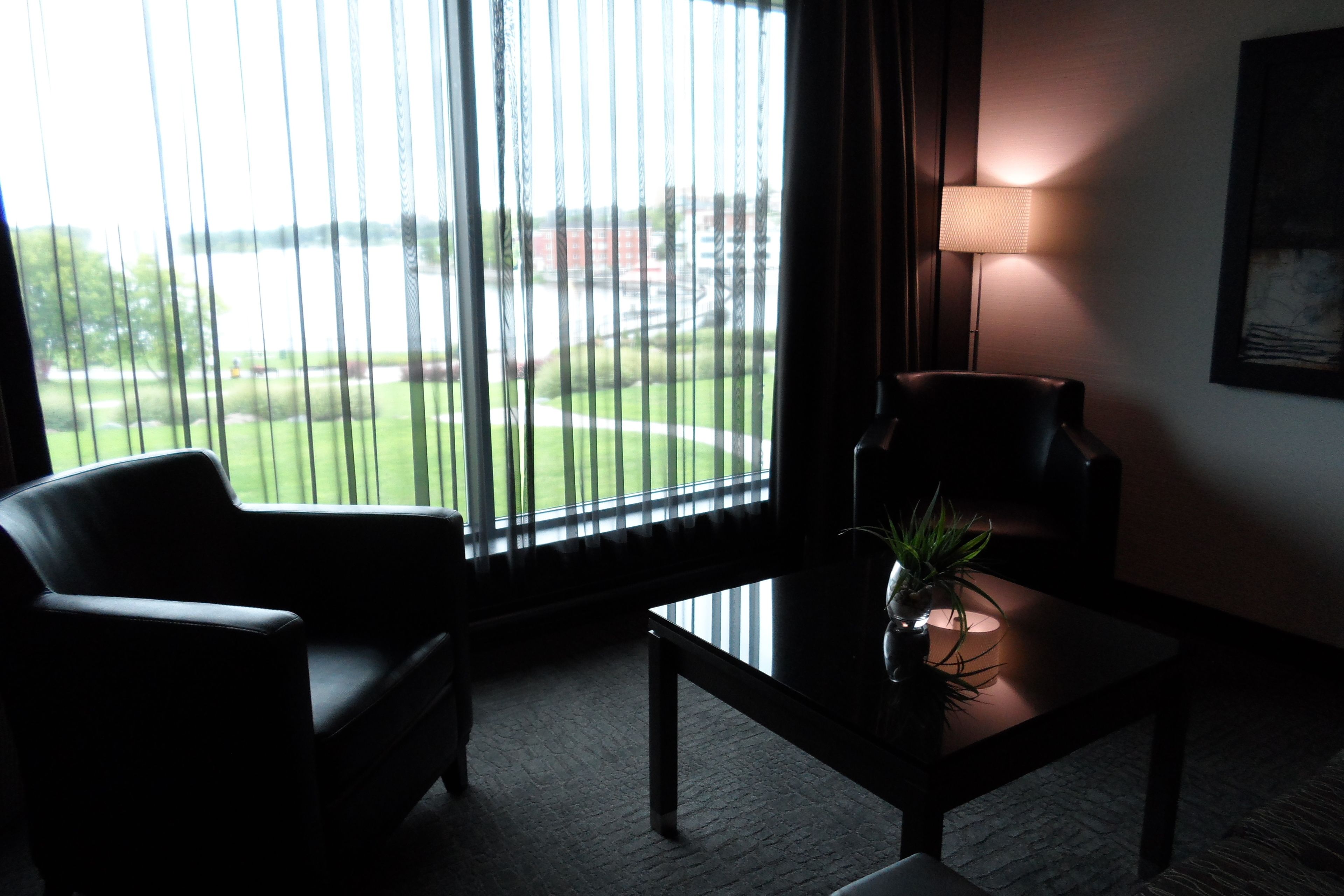 A room with a view of a golf course through large windows, a black leather chair, a small table with a plant, and a wall-mounted lamp.
