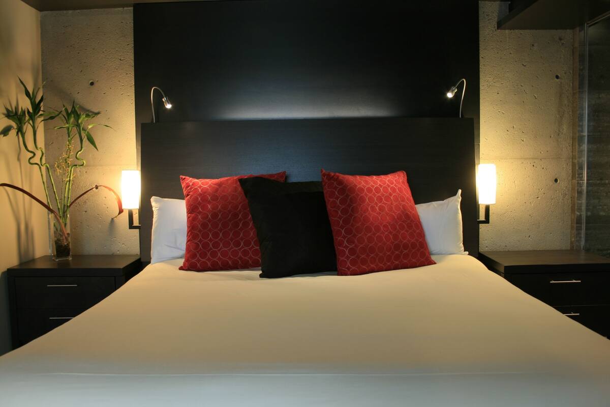 Une chambre d’hôtel moderne avec un grand lit, des oreillers rouges et noirs, des lampes de chevet et une plante en pot.