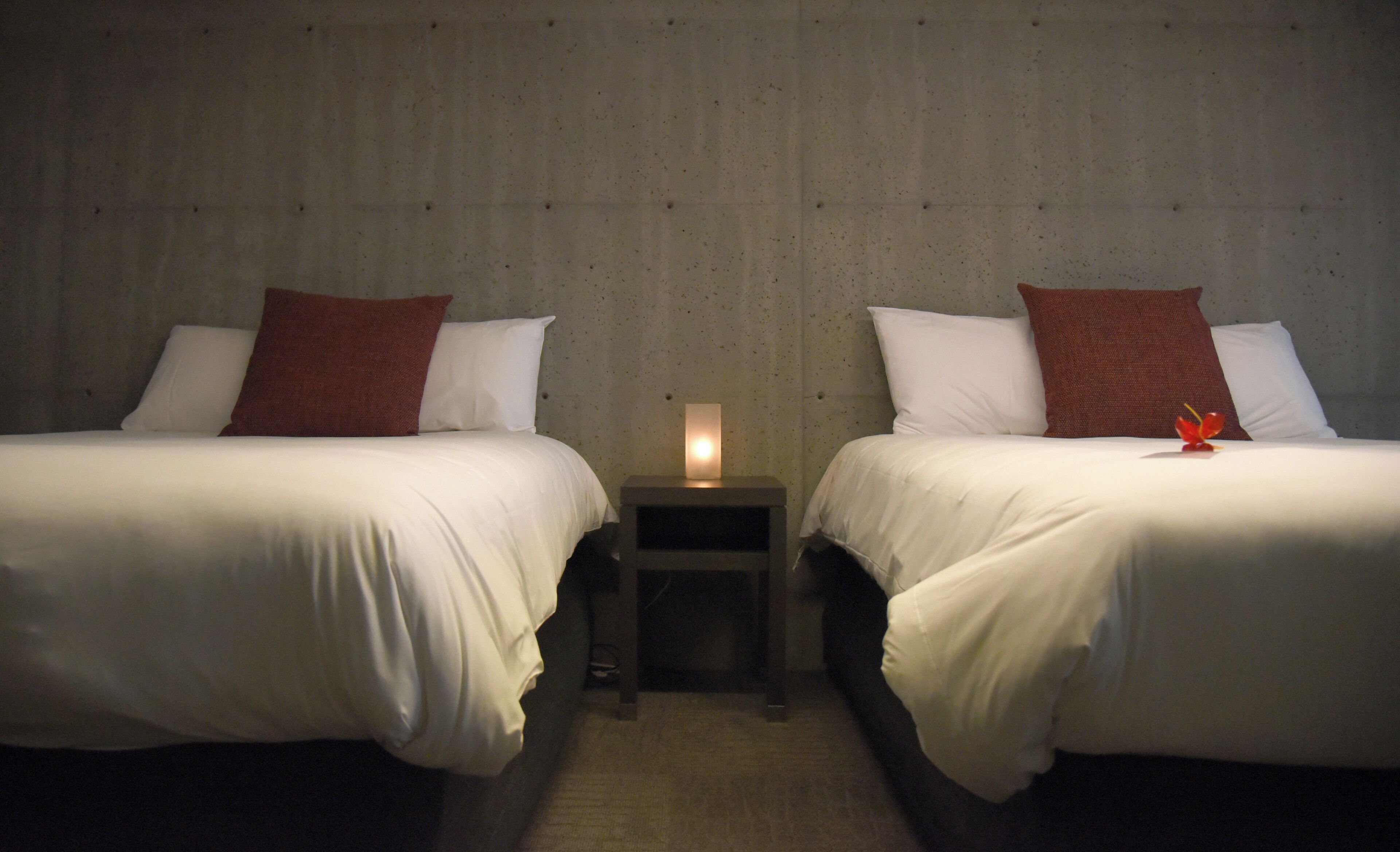 Deux lits avec du linge de lit blanc et des oreillers rouges, une table de chevet avec une lampe, et un mur en béton.