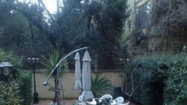 Un espace patio aménagé avec du mobilier d’extérieur, des plantes en pot et un mur en pierre.