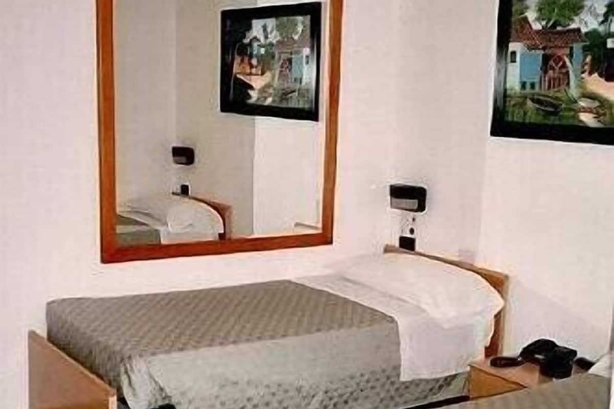 A room with two single beds, a large mirror, and two framed pictures on the wall.