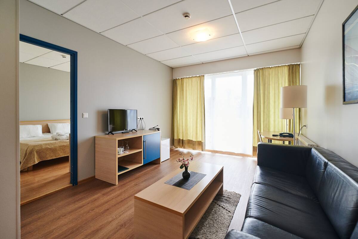 Une chambre d’hôtel avec un lit, une télévision, un bureau, un canapé et une fenêtre avec des rideaux.