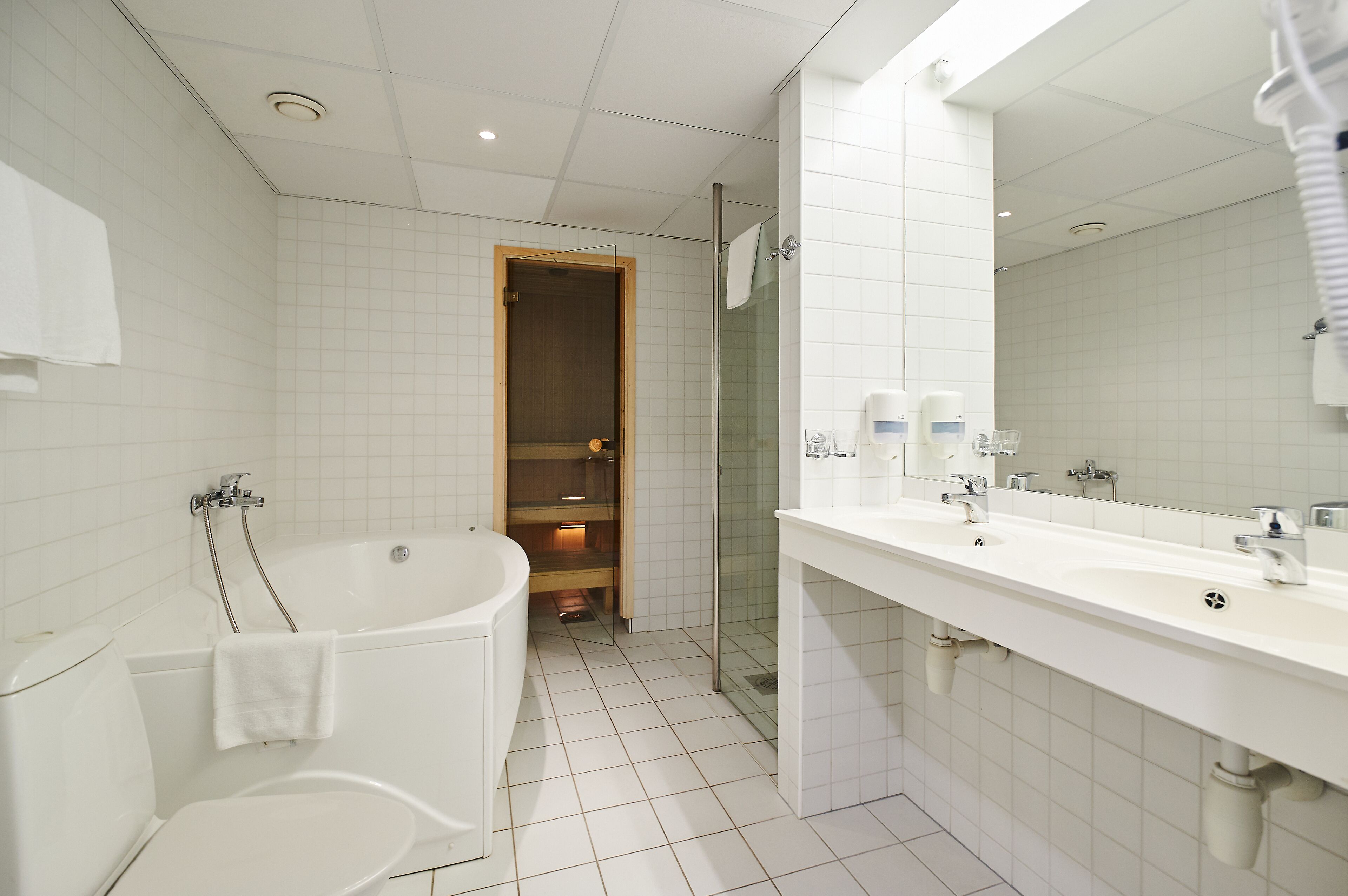 A modern bathroom with a bathtub, toilet, and a large mirror.