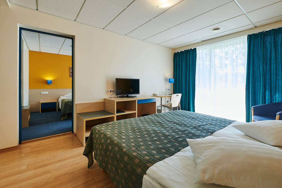 Une chambre d’hôtel avec un lit, un bureau, une télévision et une fenêtre avec des rideaux.