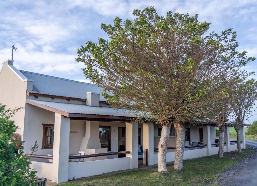 A single-story building with a flat roof, a covered porch area, and a tree in front.