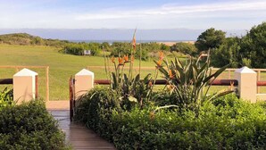 A covered walkway leading to a scenic view with a grassy field and distant mountains.
