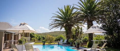 Piscine extérieure, parasols de plage, chaises longues