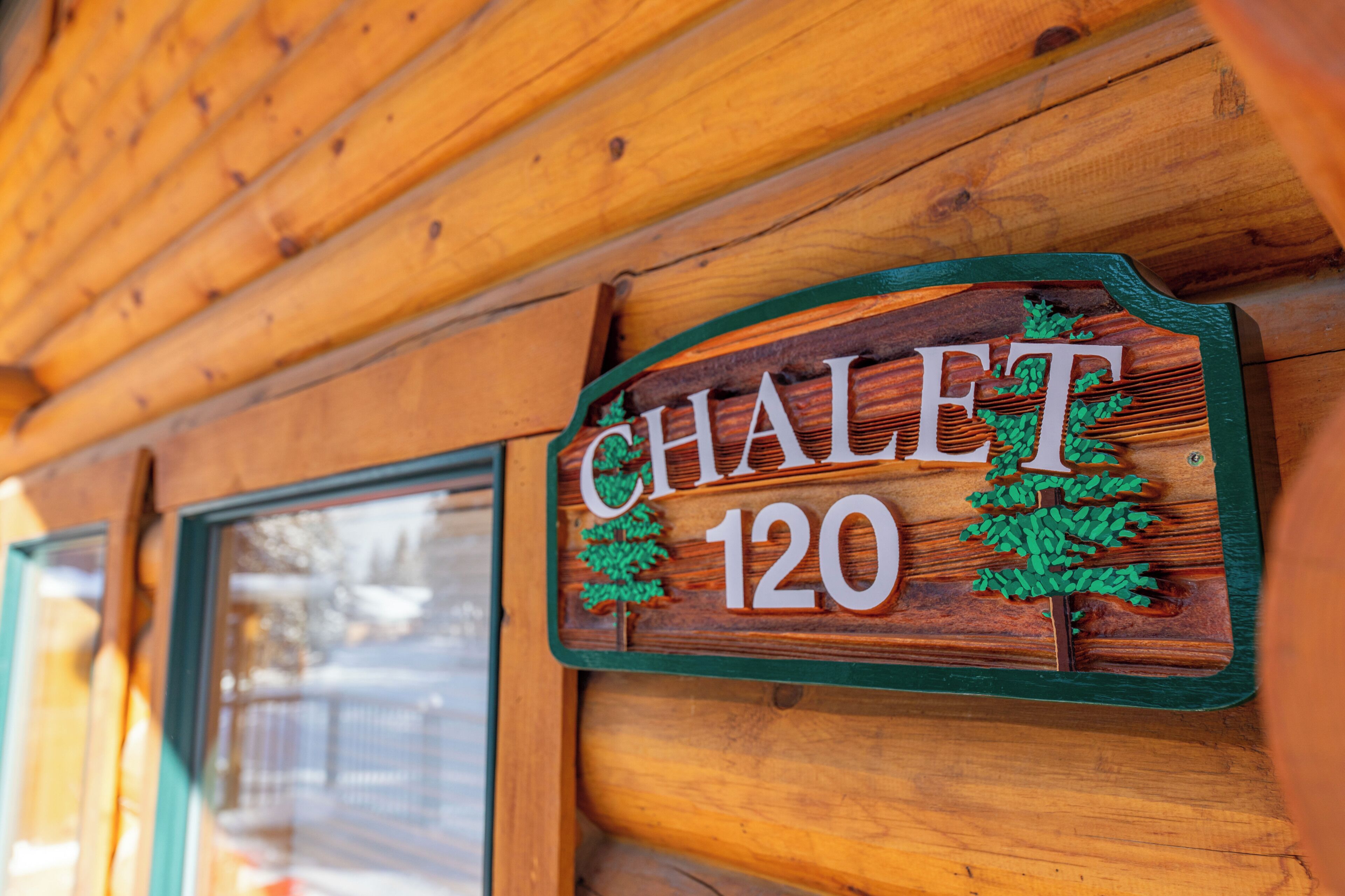 Een houten bord met de tekst 'CHALET 120' en twee illustraties van bomen.