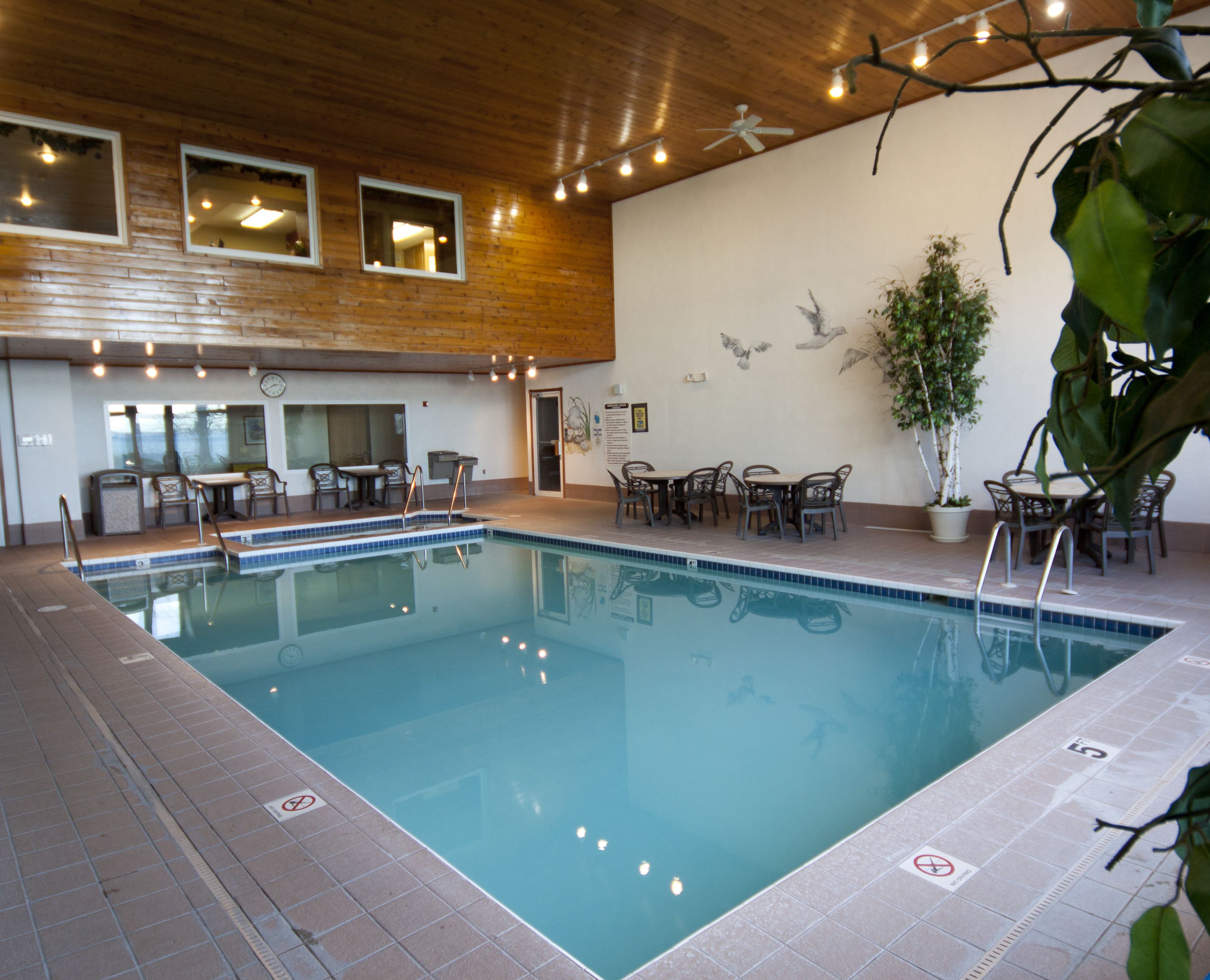 En inomhuspool med kakel på golvet, ett träpanelat tak och flera sittgrupper med stolar och bord.