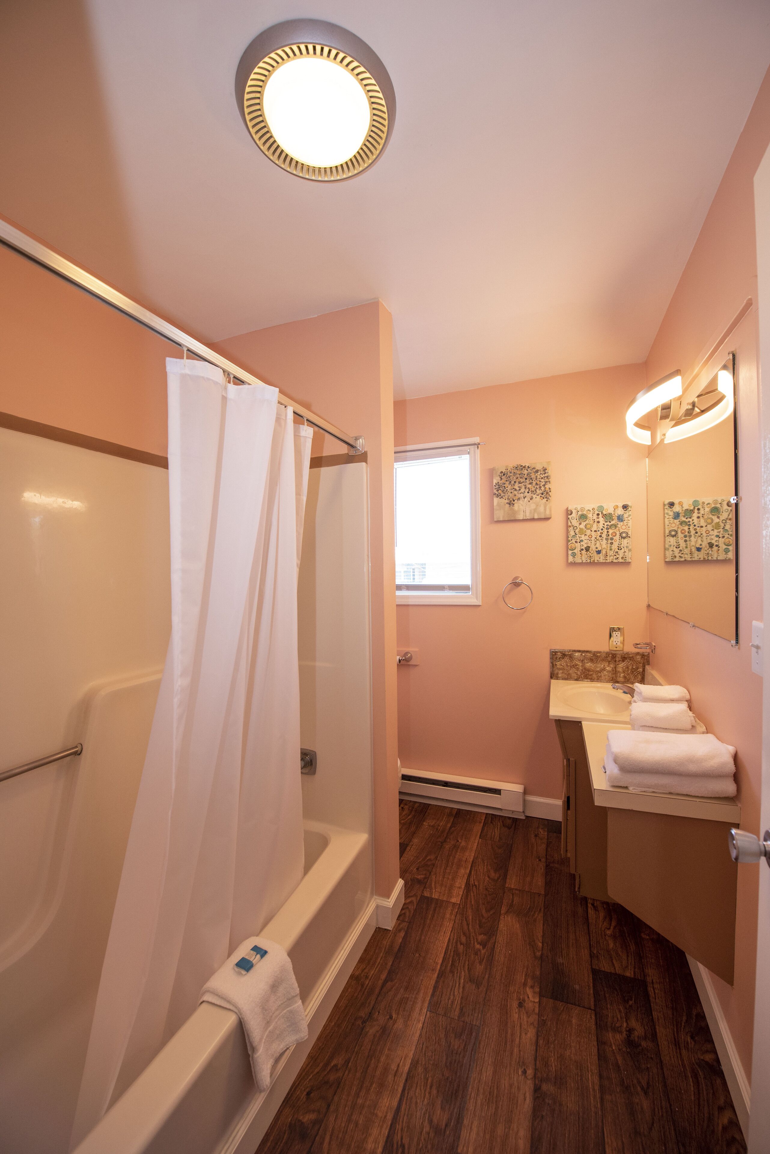 Un baño con ducha, lavamanos y espejo.