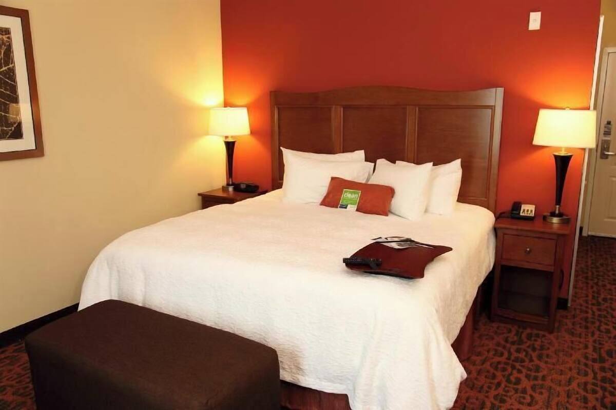 Una habitación de hotel con una cama grande, dos mesitas de noche, un taburete marrón y piso cubierto de alfombra roja.