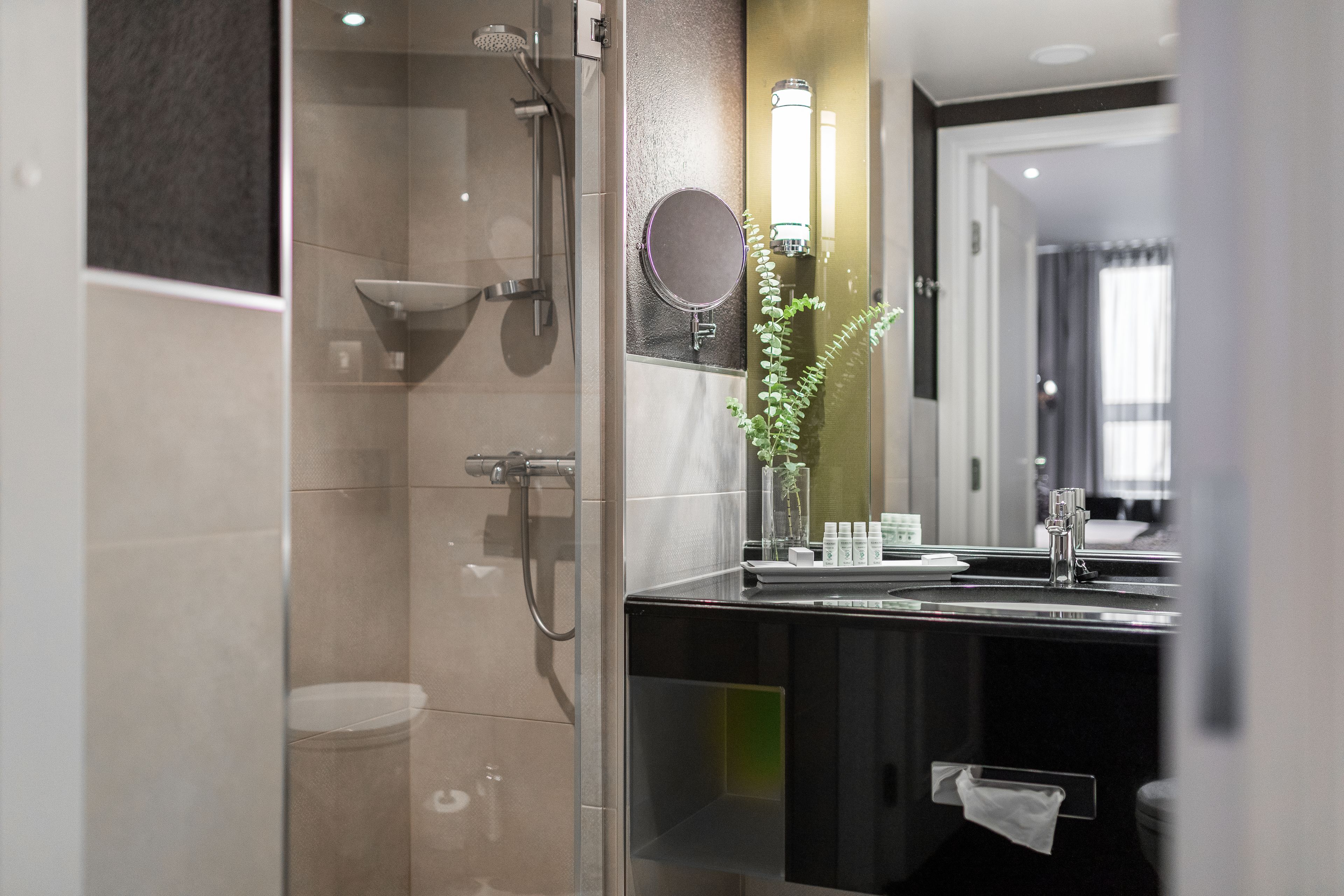 shower, eco-friendly toiletries, hair dryer, bathrobes