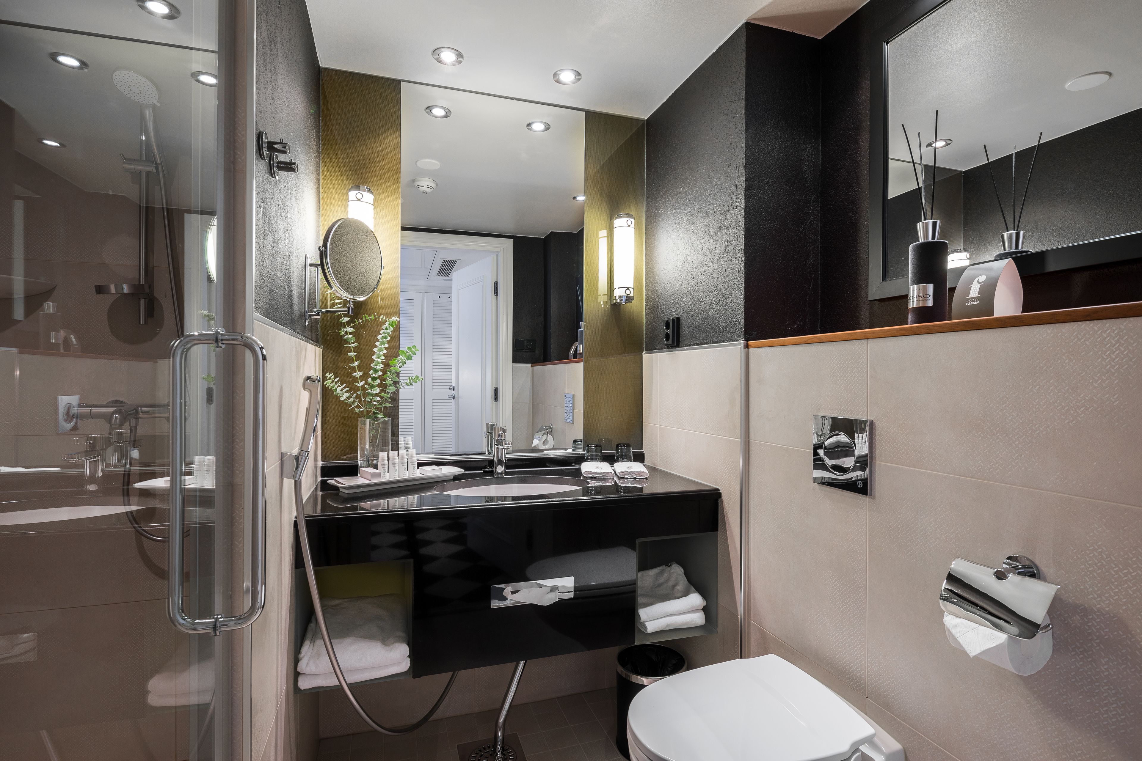 shower, eco-friendly toiletries, hair dryer, bathrobes