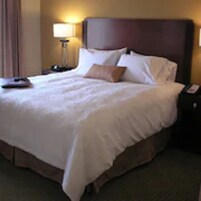 Una habitación de hotel con una cama grande, una mesita de noche, una lámpara y un teléfono.