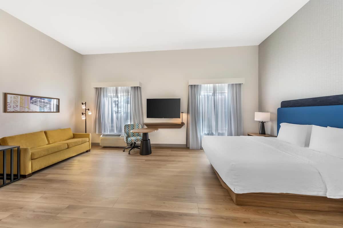 A hotel room with a bed, a sofa, a desk with a TV, and a chair.