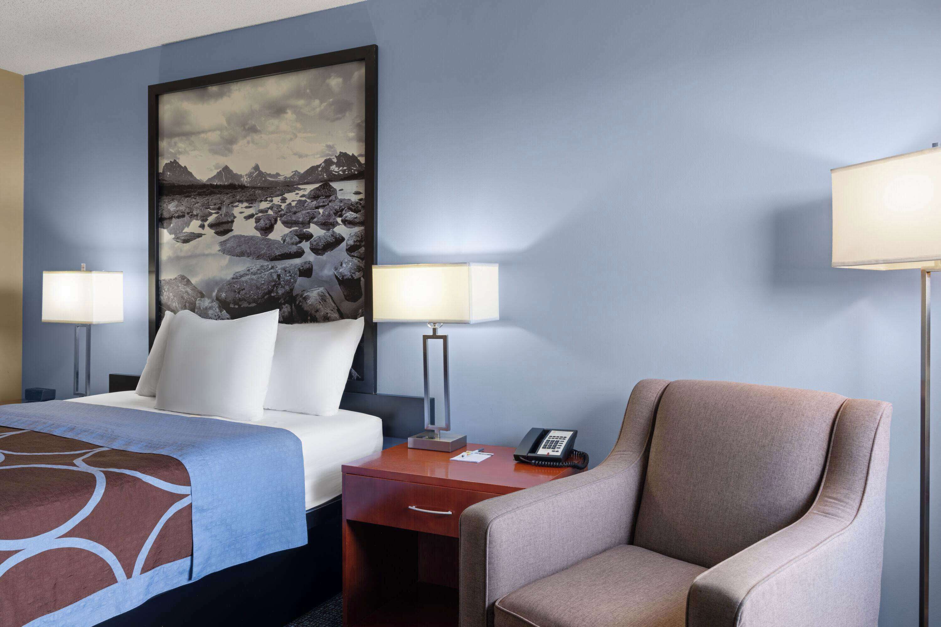 A hotel room with a bed, two bedside lamps, a chair, a desk with a phone, and a large framed picture on the wall.