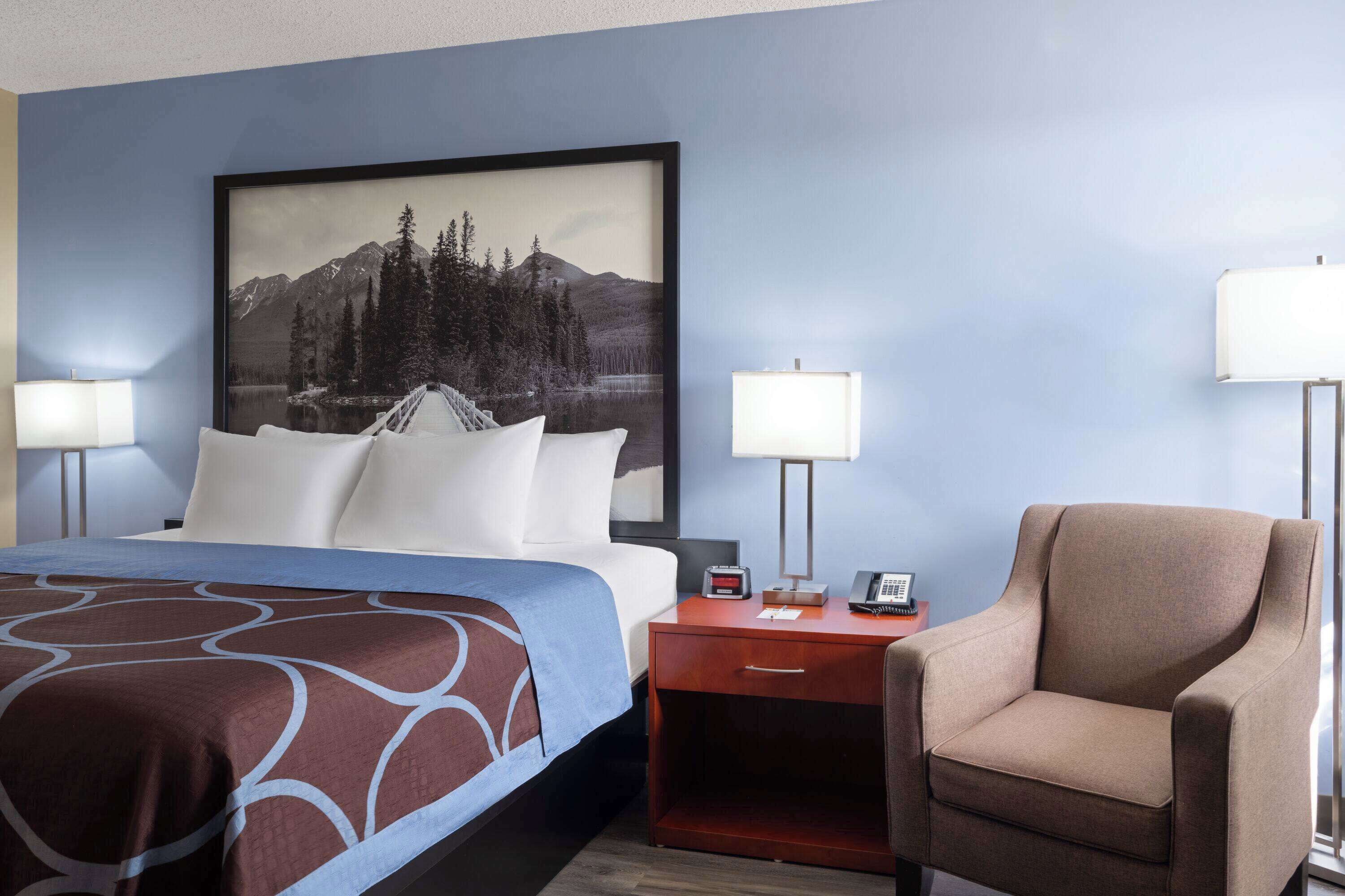 premium bedding, desk, blackout curtains, iron/ironing board