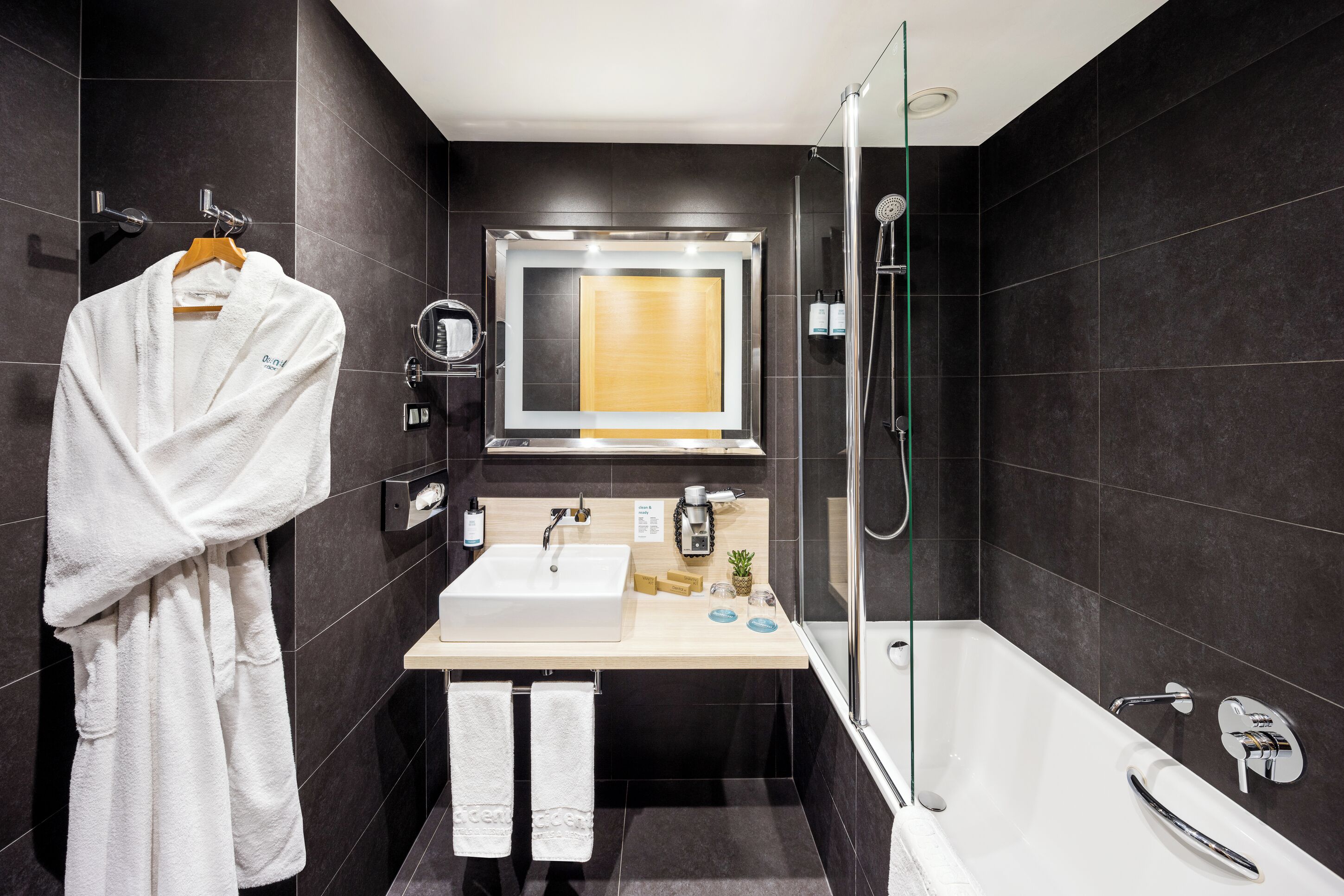 combined shower/bathtub, free toiletries, hair dryer, towels