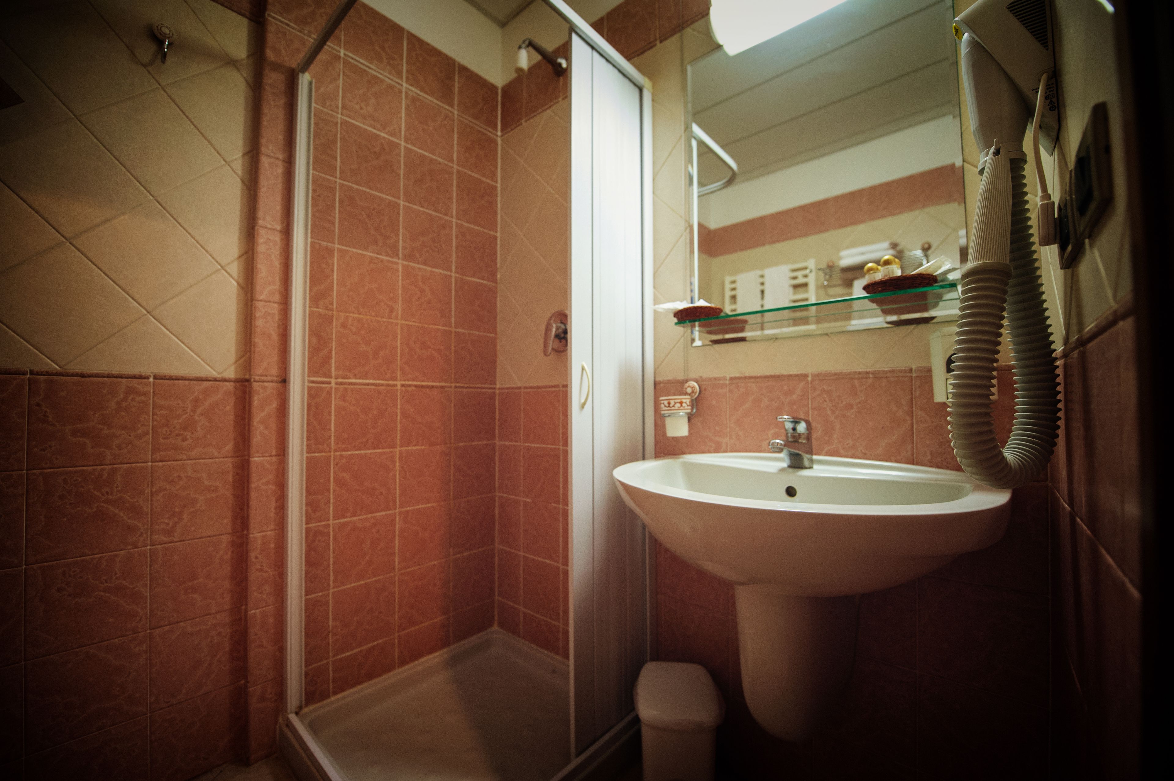 Un baño con ducha, lavabo y espejo.