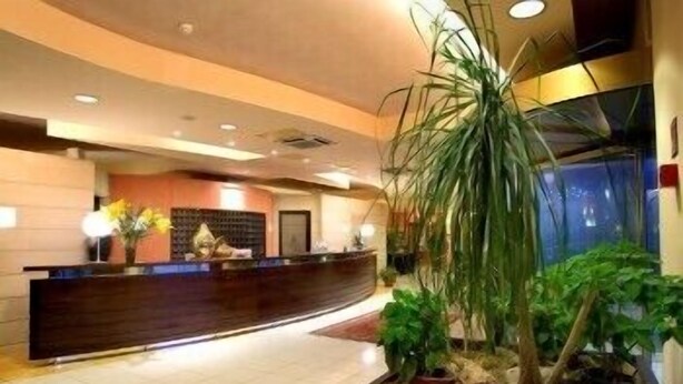 A hotel reception area with a curved reception desk, a large potted plant, and a tiled floor.