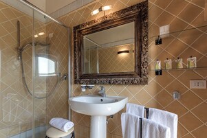 A bathroom with a glass-enclosed shower, a white sink, a large ornate mirror, and a shelf with toiletries.