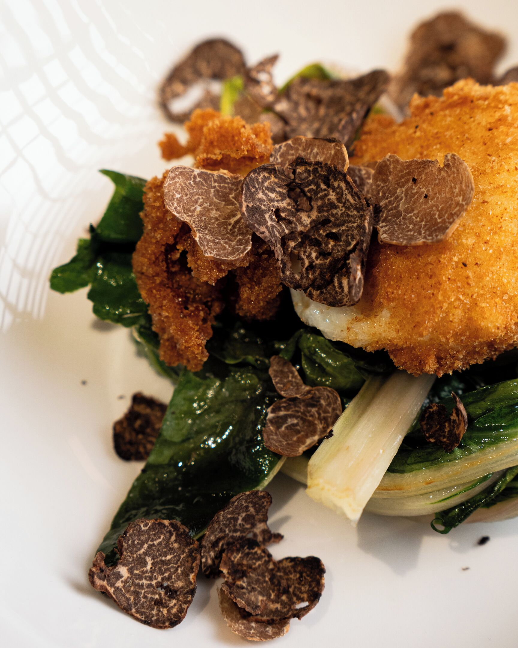 A plate with a dish consisting of greens, mushrooms, and a breaded item.