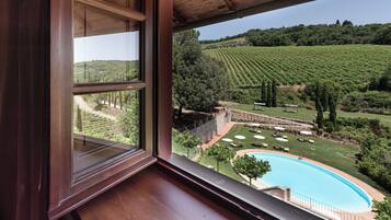 Vista desde una ventana con piscina y viñedo.