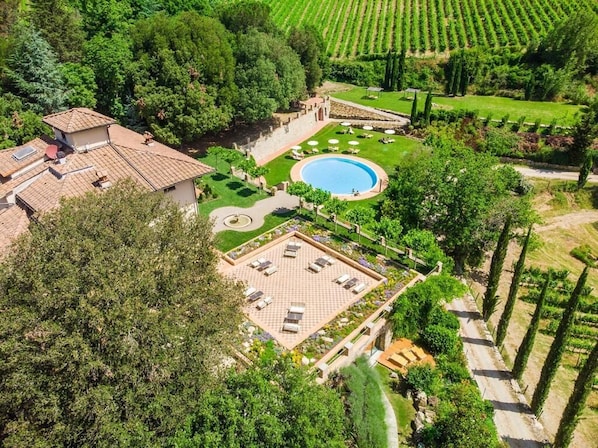 Vista aérea de una propiedad con piscina, solárium y viñedos al fondo.