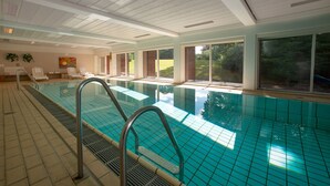 A large indoor swimming pool with clear blue tiles, a metal pool ladder, and a view of greenery outside through large windows. - Sauntehus Slotshotel (Hornbaek)